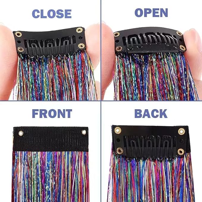 12PCS Tinsel Hair Extensions Glitter Hair Extension Clip in Gold Sparkling Fairy Hair Tinsel Kit Shiny Highlights Colorful Heat Resistant Hair Accessories for Girls New Year Party(Green)