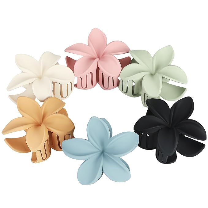 Colorful Flower Hair Claw Clips - 6 Pcs Large Plumeria Clips for Thick and Thin Hair, Beach Accessories for Women and Girls