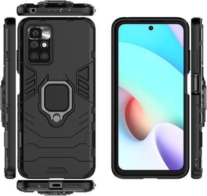 Ytaland for Xiaomi Redmi 10 Case,with 2 x Tempered Glass Screen Protector. (3 in 1) Shockproof Bumper Defender Protective Phone Cover with Ring Kickstand (Black)