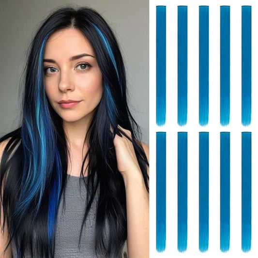 20 Inch Colored Hair Extensions Party Highlights Straight Colorful Clip In Hair Extensions Synthetic Rainbow Hairpieces for Girls Kids Gift(10Pcs Navy Blue)