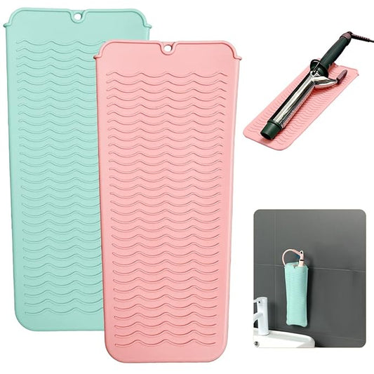 2 Heat Resistant Silicone Mat with Hanging Hole, Straightener Heat Resistant Travel Mat & Pouch for Curling Iron, Flat Iron and Other Hot Hair Styling Tools, 11 x 5 in, Pink+Green