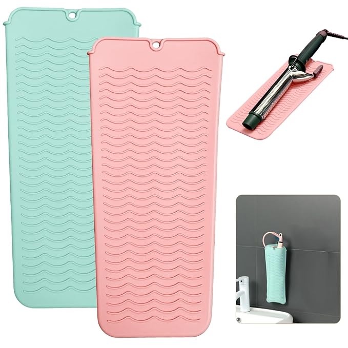 2 Heat Resistant Silicone Mat with Hanging Hole, Straightener Heat Resistant Travel Mat & Pouch for Curling Iron, Flat Iron and Other Hot Hair Styling Tools, 11 x 5 in, Pink+Green
