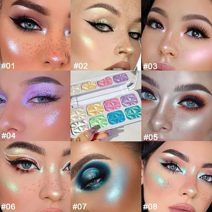 8-Color Highlighter & Contour Palette - Shimmer, Glitter, Iridescent Multichrome Holographic Eyeshadow for Face & Cheek, Purple Rainbow Highlight Makeup