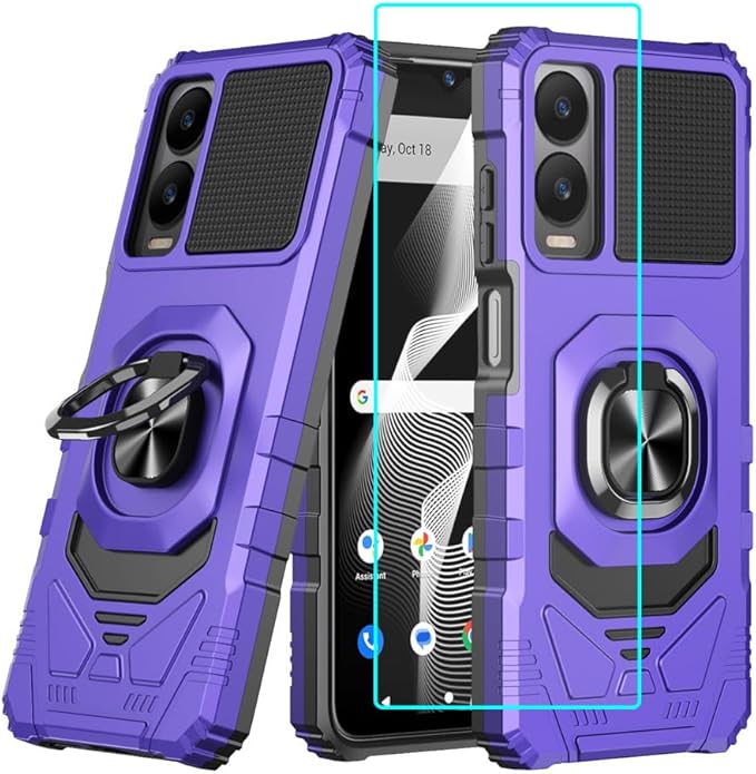 for Cricket Icon 6 / ATT Verge Case with 1 Pack Screen Protector,Dual Layer Hybrid Heavy Duty Defender Protection,Sleek Rugged Reinforced Cushion Corner Kickstand Shockproof Bumper Cover Purple