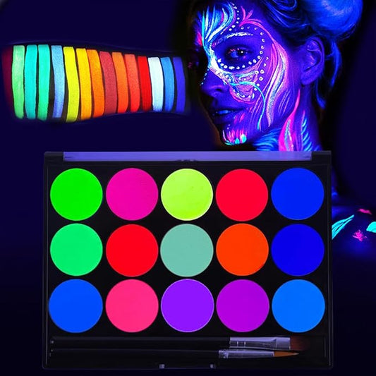 15 Color UV Blacklight Face Paint,Glow in The Dark Body Paint,Water Based Neon Fluorescent Face Painting Kit Palette,Water Activated Eyeliner Makeup,Washable for Kids Adult Halloween Masquerades Club