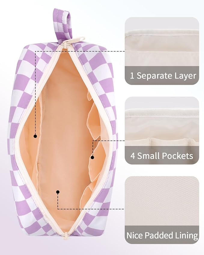 Narwey Checkered Makeup Bag Travel Cosmetic Bag Organizer Small Toiletry Bag Make Up Bags with Organized Pockets for Women (Purple Checkerboard, Large)