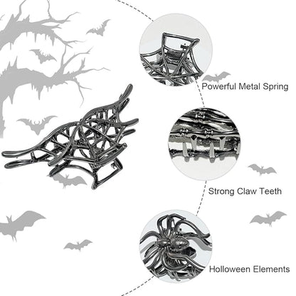 3 Pieces Large Metal Spider Net Hand Hair Claw Clips for Women and Girls Thick Long Hair, Nonslip Skeleton Spooky Barrette Headband Hair Styling Accessories for Halloween Christmas Gifts