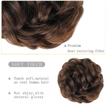 MORICA 2PCS Messy Bun Hair Piece, Fake Hair Extension Curly Wavy Synthetic Chignon Scrunchies Ponytail Hair Pieces for Thin Hair, Women (Dark Brown & Light Auburn Mixed)
