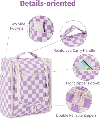 Narwey Small Checked Hanging Travel Toiletry Bag for Women, Travel Bag for Toiletries, Makeup Bag Organizer Cosmetic Bags Make Up Bags for Women (Purple Checkerboard)