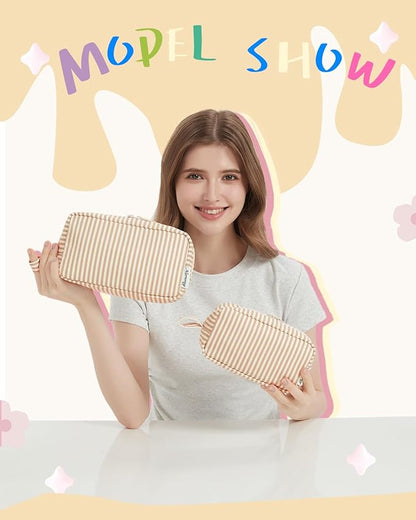 Narwey Cute Makeup Bag Small Toiletry Bag Travel Cosmetic Bag Organizer Make Up Bags with Organized Pockets for Women (Brown Stripe, Large)