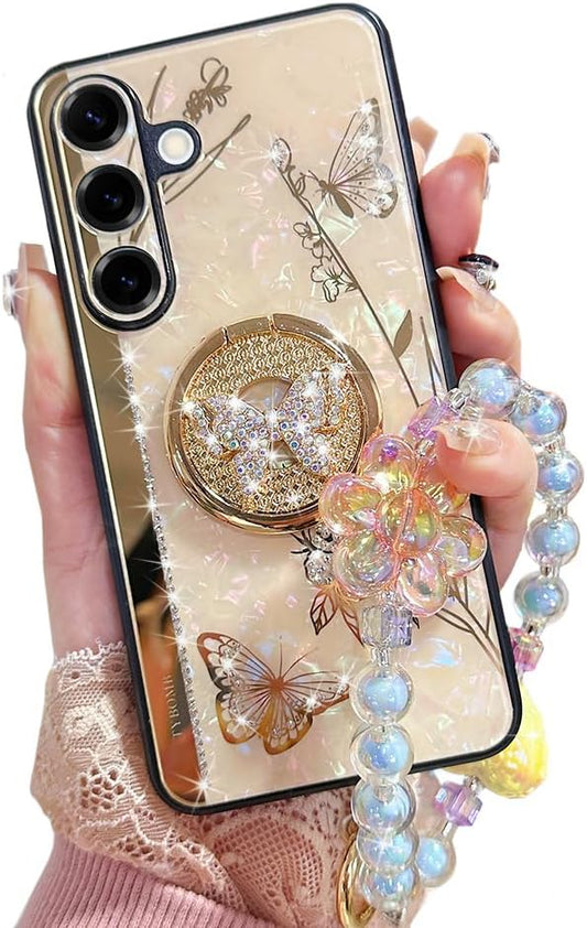 for Samsung Galaxy A16 Case with Kickstand,A16 5G Phone Case Girly Bling Diamond Butterfly Design,Luxury Plating Sparkle Pearl Hard Back Soft TPU Bumper with Bead Strap for Women Girls Pink