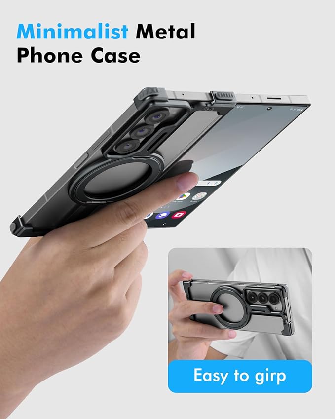OATSBASF Frameless Metal Bumper Case for Samsung Galaxy Z Fold 6-360° Rotatable Magnetic Kickstand & Minimalist Design (Not for Heavy Drop Protection), Black