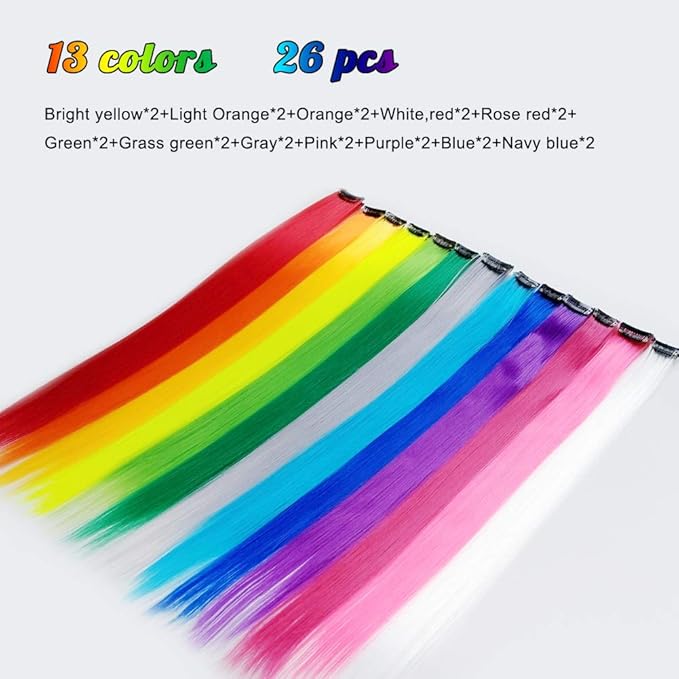 26 Packs Colored Hair Extensions 20Inch Straight Multi-Colors Party Highlights Clip In Hair Extension Synthetic Rainbow Hairpieces for Girls Kids Gift(13 colored)