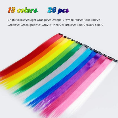 26 Packs Colored Hair Extensions 20Inch Straight Multi-Colors Party Highlights Clip In Hair Extension Synthetic Rainbow Hairpieces for Girls Kids Gift(13 colored)