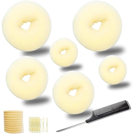 Hair Bun Maker Set (37pcs), Includes 2 Large, 2 Medium, 2 Small Donut Bun Makers, 10 Elastic Hair Ties, 20 Bobby Pins, 1 Comb (Beige)