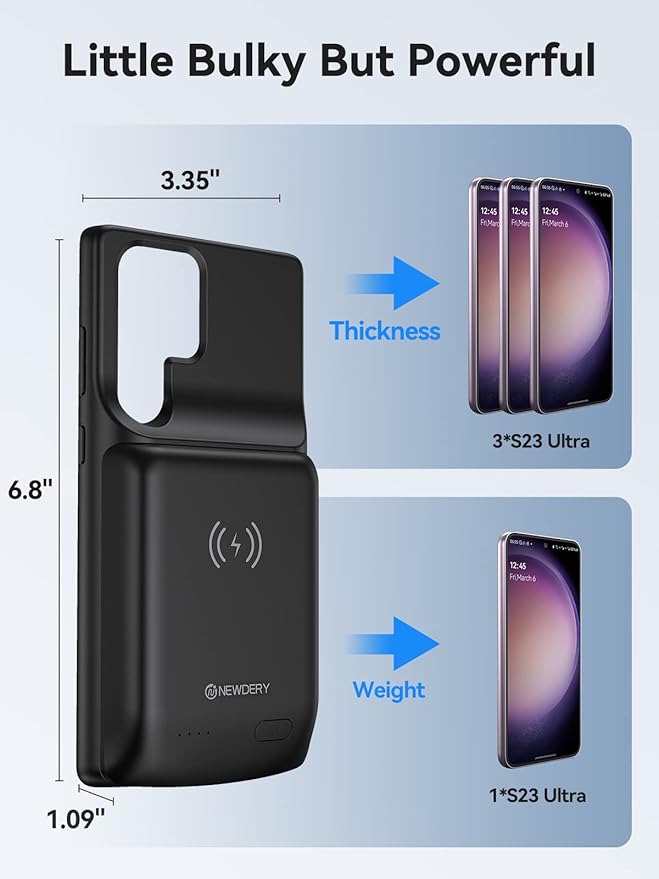 NEWDERY Battery Case for Galaxy S23 Ultra 10000mAh, Qi Wireless Charging, Fast Charging, Sync Data Supported, Powerful Portable Rechargeable Charger Case for Samsung S23 Ultra 5G 6.8" Black