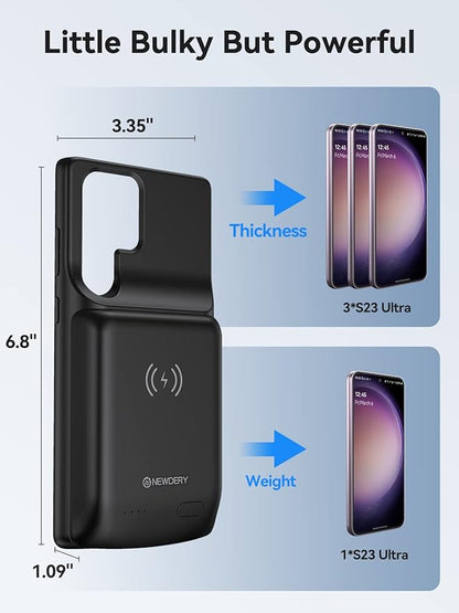 NEWDERY Battery Case for Galaxy S23 Ultra 10000mAh, Qi Wireless Charging, Fast Charging, Sync Data Supported, Powerful Portable Rechargeable Charger Case for Samsung S23 Ultra 5G 6.8" Black