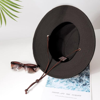 DRESHOW Women Straw Panama Hat Travel Fedora Beach Sun Hat Summer Wide Brim Straw Roll up Hat UPF 50+