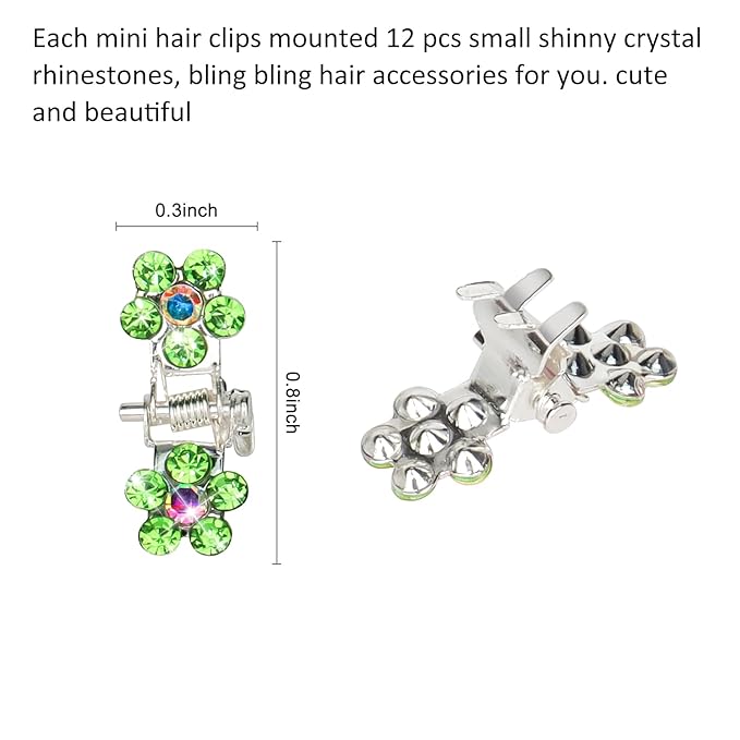 65PCS Mini Flower Hair Clips with Rhinestone Mini Glitter Teeth Rhinestone Flower Hair Accessories - No-Slip Grip Metal Jaw Clamps for Girls Women (Silver-Green Crystal)
