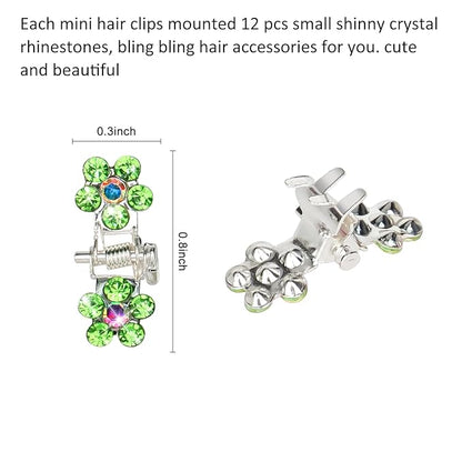 65PCS Mini Flower Hair Clips with Rhinestone Mini Glitter Teeth Rhinestone Flower Hair Accessories - No-Slip Grip Metal Jaw Clamps for Girls Women (Silver-Green Crystal)