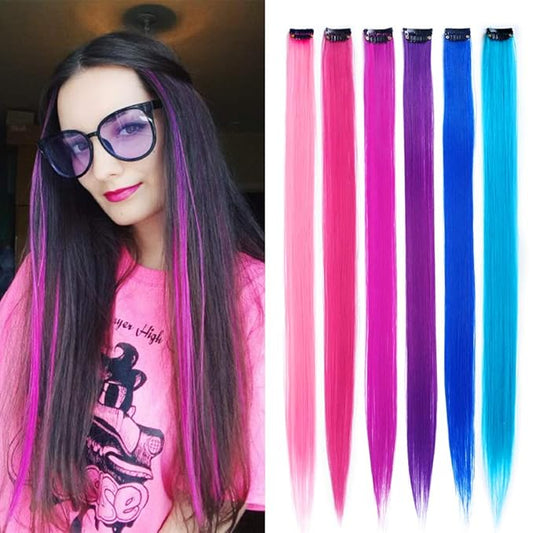 24 Packs Colored Clip in Hair Extensions 20'' Colorful Straight Hair Extensions Clip in for Kids Multi-Colors Party Highlights Hairpieces(Pink,Purple,Blue)