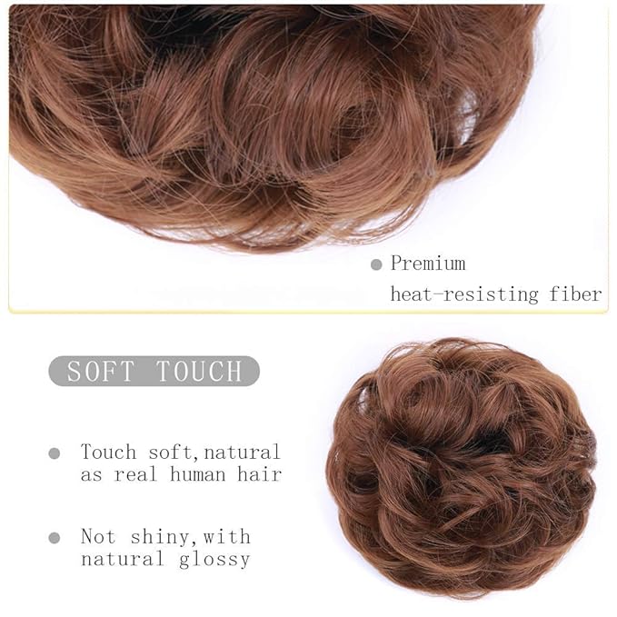 MORICA 2PCS Messy Bun Hair Piece, Fake Hair Messy Bun Scrunchies For Thin Hair Extension Curly Wavy Synthetic Chignon Ponytail Hair Pieces for Women(Light Auburn#)