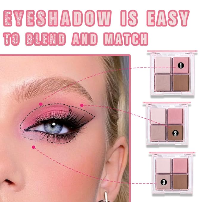 Eyeshadow Quads Blendable Glitter Matte Eyeshadow Palette, Nude Pink Nude Brown Coffee Shinmmer Sparkly Four Eyeshadow Palette Makeup, Everyday Nature Long-Lasting Waterproof Women Girls Eyeshadow 1#