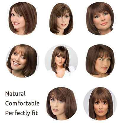 Onpep Short Straight Bob Wigs with Air Bangs Honey Brown Wig for Women Shoulder Length Heat Resistant Fiber Hair Wigs