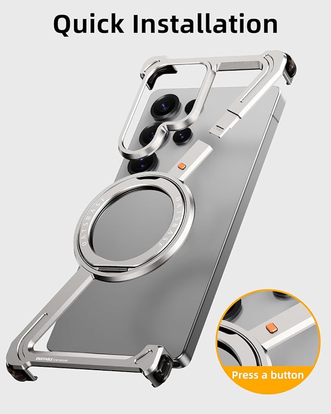OATSBASF Minimalist Phone Case Compatible with Samsung Galaxy S25 Ultra, 360° Rotation Kickstand Aluminum Metal Frameless Design Bumper Case, Protective Shock Grade Shell, Natural Titanium