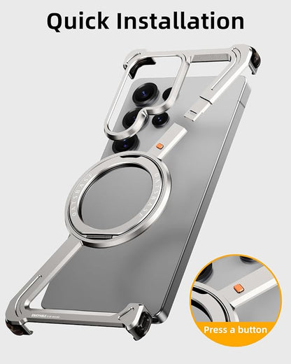 OATSBASF Minimalist Phone Case Compatible with Samsung Galaxy S25 Ultra, 360° Rotation Kickstand Aluminum Metal Frameless Design Bumper Case, Protective Shock Grade Shell, Natural Titanium
