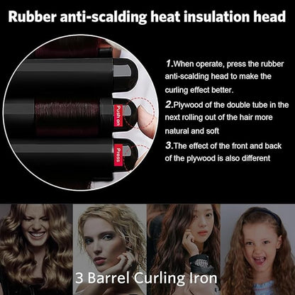 3 Barrel Curling Iron Hair Crimper Waver Iron with LCD Temperature Display - 1 Inch Ceramic Tourmaline Triple Barrels Waver Curling Wand, Dual Voltage