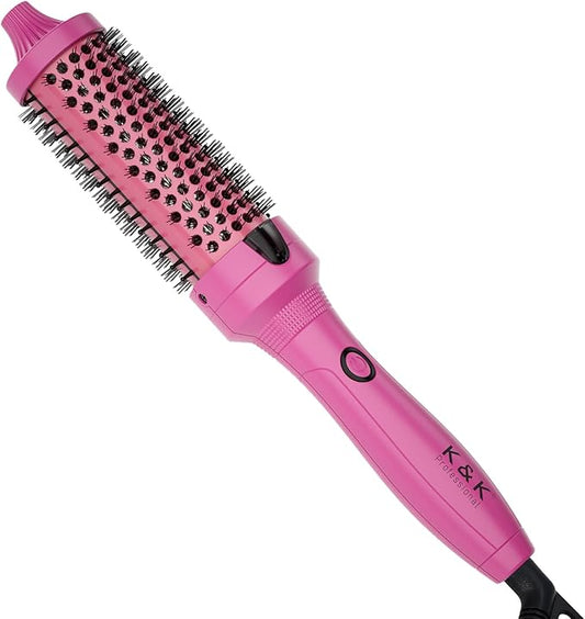 K&K Thermal Brush, 1.5 Inch Ionic Heated Round Brush, Professional Heated Ceramic Tourmaline Coating Curling Iron, Hot Styling Volumizing Tool, Dual Voltage, Pink