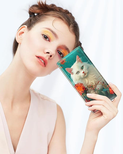 Nipichsha Womens Wallet, RFID Slim Wallets for Women, Thin Ladies Credit Card Holder Purse, Cute Leather Bifold Clutch Billfold with 11 Card Slots & ID Window, Elegant Cat
