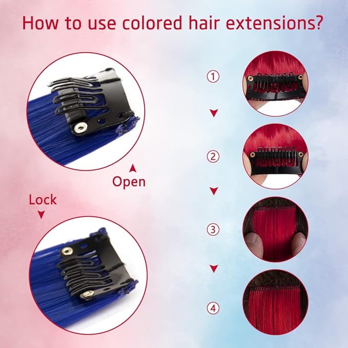 20 Packs Colored Hair Extensions 20Inch Straight Multi-Colors Party Highlights Clip In Hair Extension Synthetic Rainbow Hairpieces for Girls Kids Gift(Blue, Navy Blue, Red, Pink)