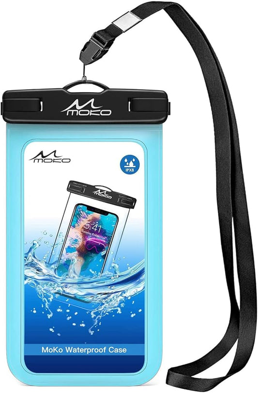 MoKo Waterproof Phone Pouch, CellPhone Case Bag with Lanyard Armband Compatible with iPhone 16 15 14 13 12 11 Pro Max X/Xr/Xs Max/SE 3, 8/7/6 Plus, Samsung S23/S24/S10/S9/S8 Plus, A10E,Note 10,SkyBlue