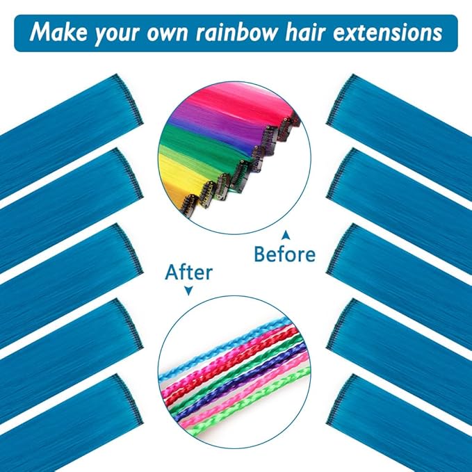 20 Inch Colored Hair Extensions Party Highlights Straight Colorful Clip In Hair Extensions Synthetic Rainbow Hairpieces for Girls Kids Gift(10Pcs Navy Blue)