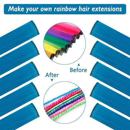20 Inch Colored Hair Extensions Party Highlights Straight Colorful Clip In Hair Extensions Synthetic Rainbow Hairpieces for Girls Kids Gift(10Pcs Navy Blue)