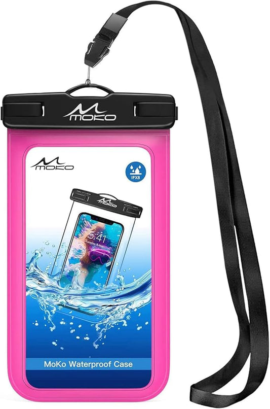 MoKo Waterproof Phone Pouch Holder, Underwater Cellphone Case Dry Bag with Lanyard Armband Compatible with iPhone 14 13 12 11 Pro Max X/Xr/Xs Max/SE 3, Samsung S21/S20/S10/S9, Magenta