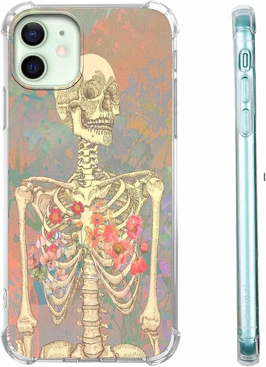 Case for iPhone 12/12 Pro with Skull Art Design,Aesthetic Flower Skeleton Bone Pattern,Soft TPU Bumper Phone Cover(12,Skull)
