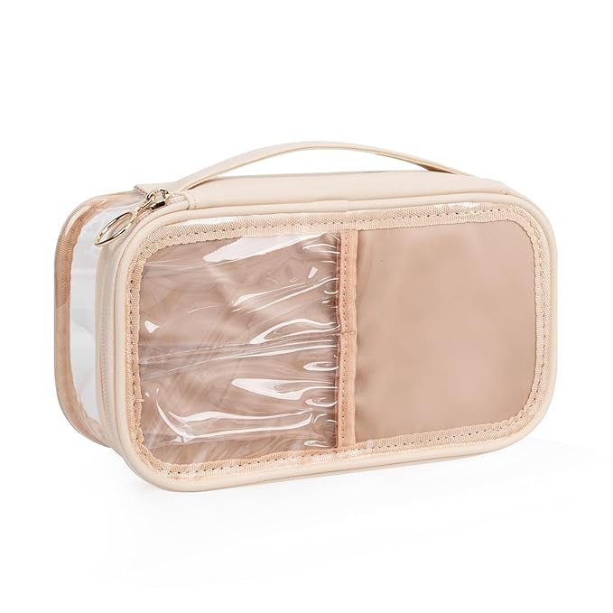 OCHEAL Clear Makeup Bag, Portable Makeup Storage Organizer Cosmetic Bag, Travel Makeup Bag Cute Clear Pouch For Women and Girls Cosmetics Bags with Divider Makeup Brush Compartment- Clear Beige