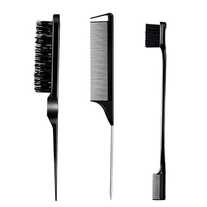 3 Pieces Comb Set for Teasing, Edge & Back Brushing - Rat Tail & Edge Combs for Styling Women's Hair (Black)