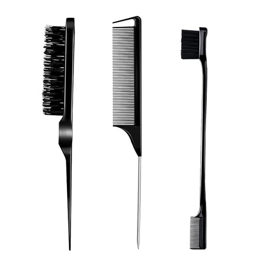 3 Pieces Comb Set for Teasing, Edge & Back Brushing - Rat Tail & Edge Combs for Styling Women's Hair (Black)