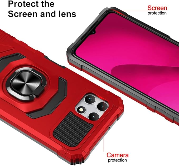 for T-Mobile Revvl 7 5G Case with Screen Protector,Revvl 7 5G Phone Case Military Grade Protection Built-in Magnetic Ring Stand Soft Rugged Silicone Corner Shockproof Cover for T-Mobile Revvl 7 Red