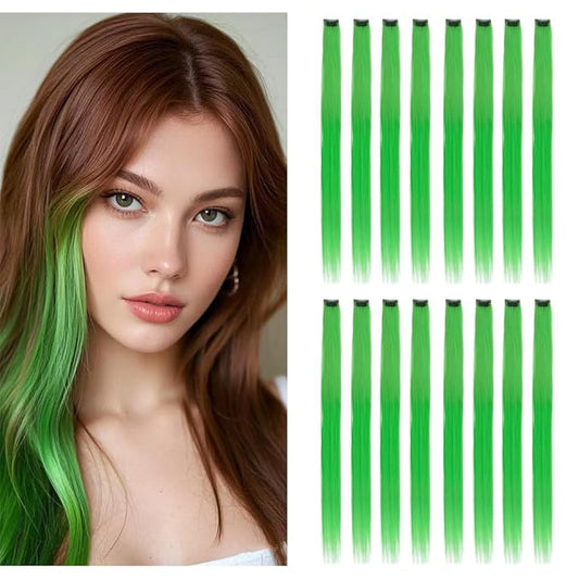 20 inch Green Clip in on Hair Extensions Colored Hair Accessories Party Highlights Long Straight Synthetic Hairpieces for Women Kids Girls16 PCS(Green)
