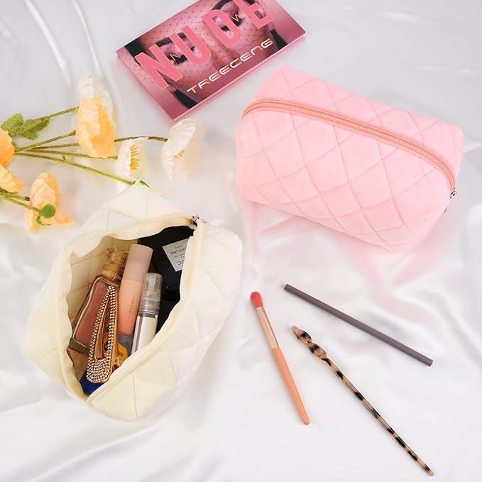 2 Pieces Makeup Bag Checkered Cosmetic Bag Plush Pink White Makeup Pouch Travel Toiletry Bag Organizer Cute Makeup Brushes Storage Bag for Women