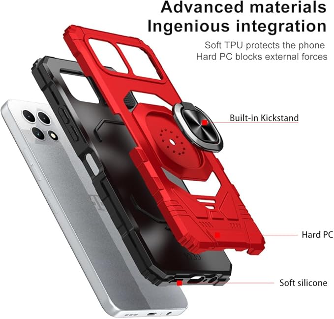 for T-Mobile Revvl 7 5G Case with Screen Protector,Revvl 7 5G Phone Case Military Grade Protection Built-in Magnetic Ring Stand Soft Rugged Silicone Corner Shockproof Cover for T-Mobile Revvl 7 Red