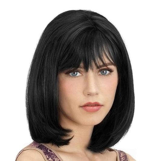 Onpep Natural Black Bob Wig with Bangs Short Straight Wigs for Black Women Shoulder Length Glueless Heat Resistant Synthetic Wigs