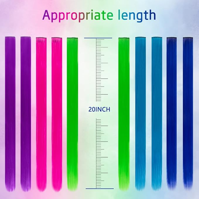 20 Packs Colored Hair Extensions 20Inch Straight Multi-5Colors Party Highlights Clip In Hair Extension Synthetic Rainbow Hairpieces for Girls Kids Gift(Blue,Dark blue,Grass Green,Purple,Rose Red)