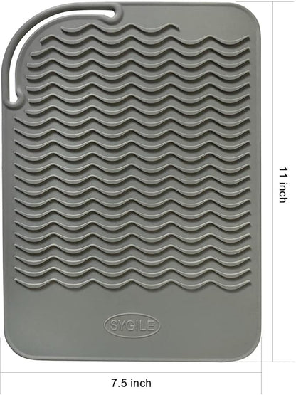 11" X 7.5" Large Size Heat Resistant Silicone Travel Mat for Hair Straighteners, Curling Irons, Flat Irons, Other Hair Styling Tools, Portable Silicone Pad Cover for Travel Vanity Salon - Gray