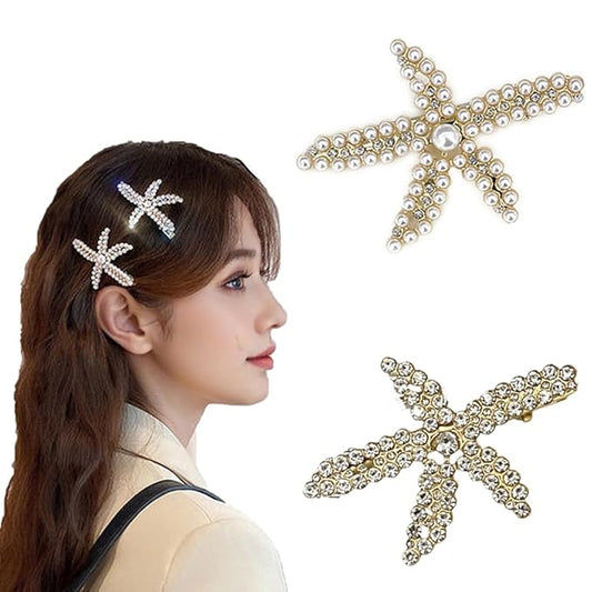 2 Pcs Starfish Hair Clips Mermaid Costume Rhinestone Hair Clips Beach Ocean Hair Accessories Women and Girls （Silver）